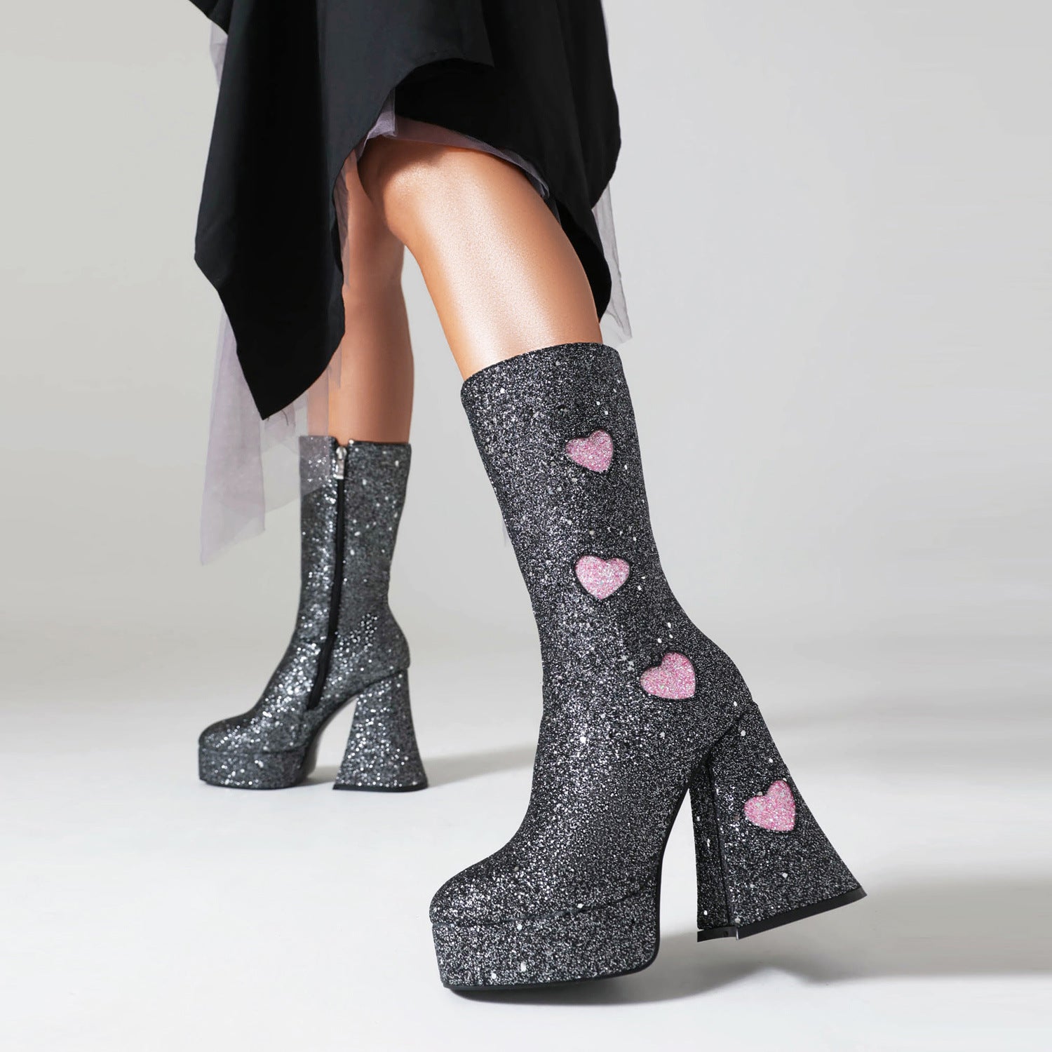 Platform Glitter Sequin Heart Mid-Calf Boots