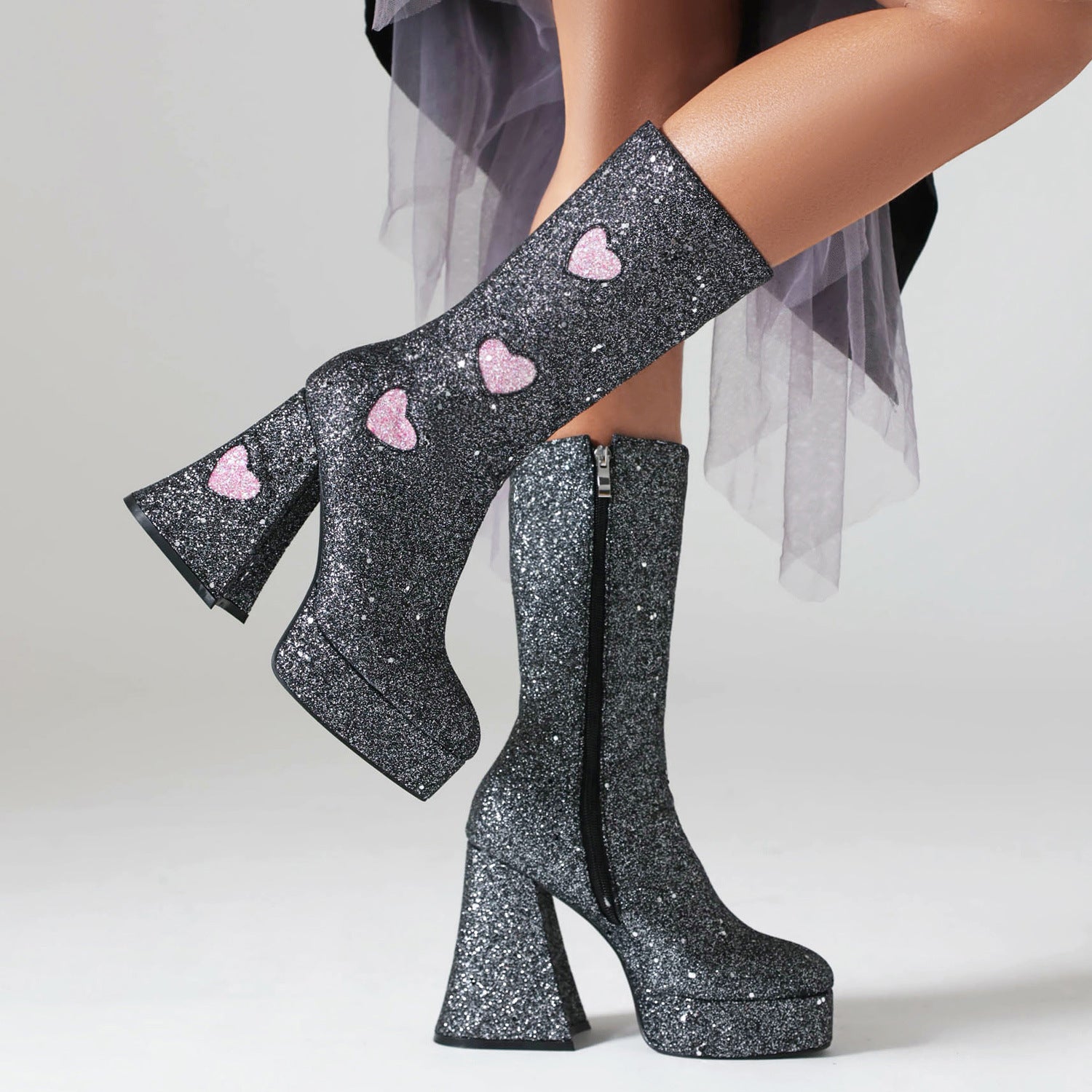 Platform Glitter Sequin Heart Mid-Calf Boots