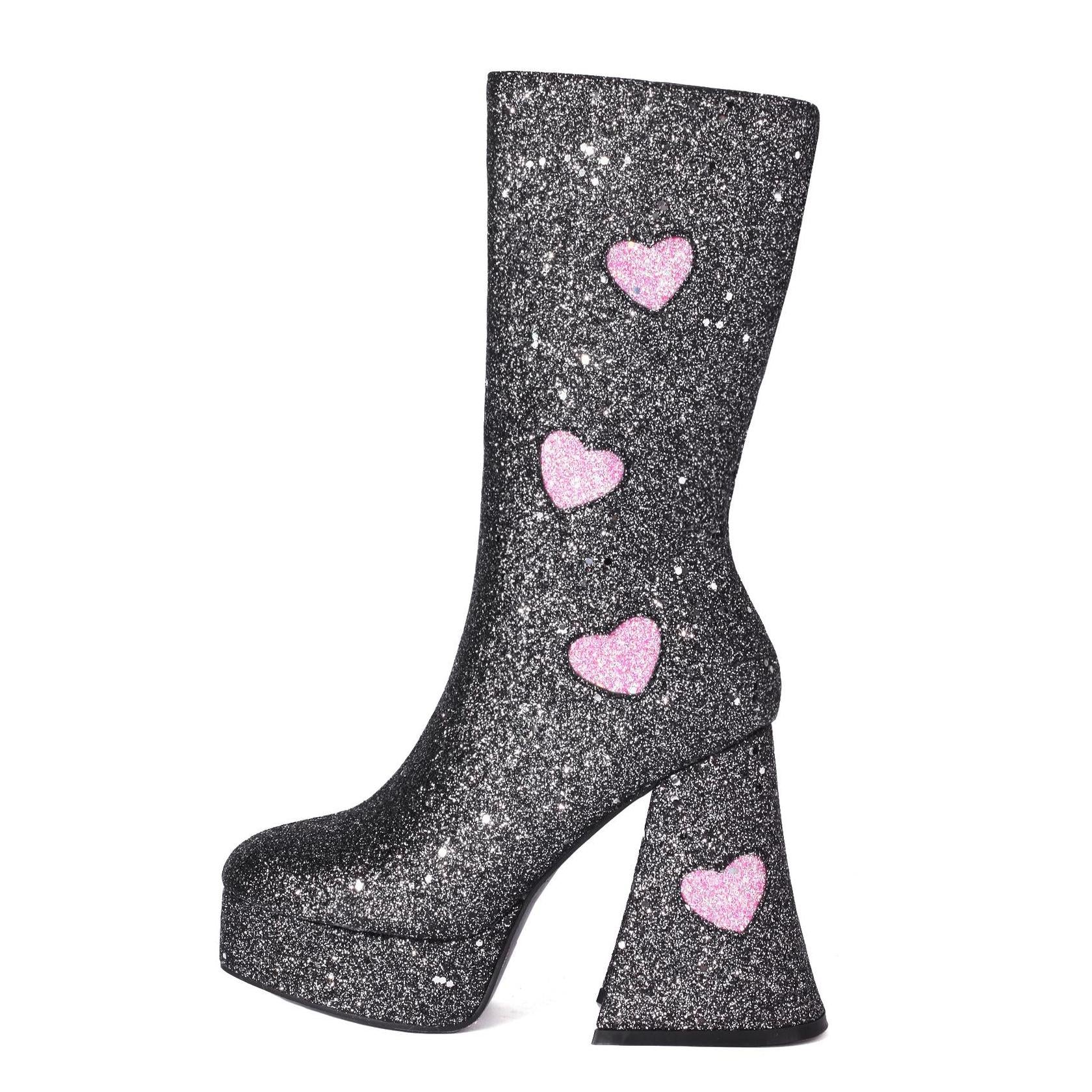 Platform Glitter Sequin Heart Mid-Calf Boots