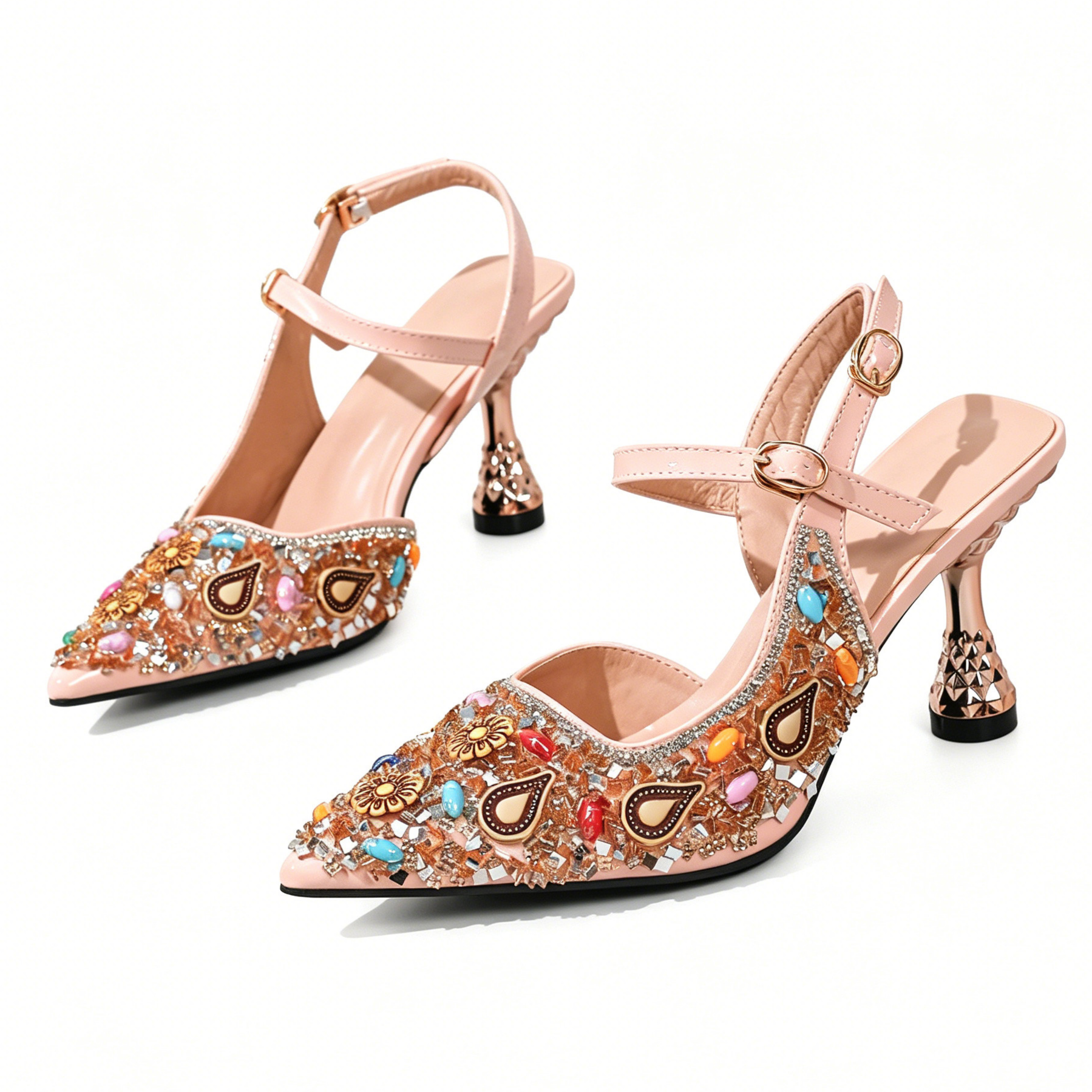 Rhinestone Embellished Buckle Slingback Pumps