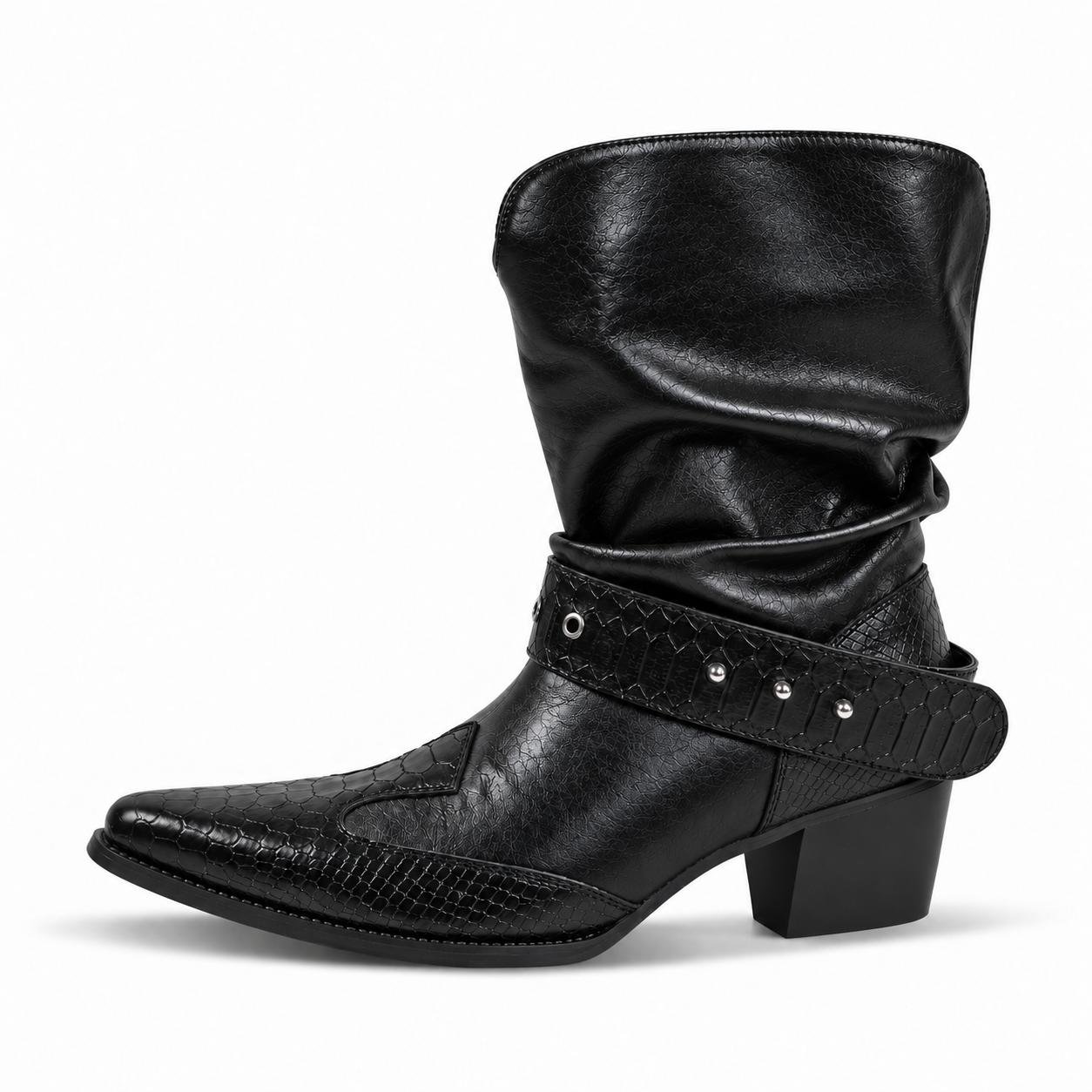 Slouchy Snake Studded Strap Cowboy Ankle Boots