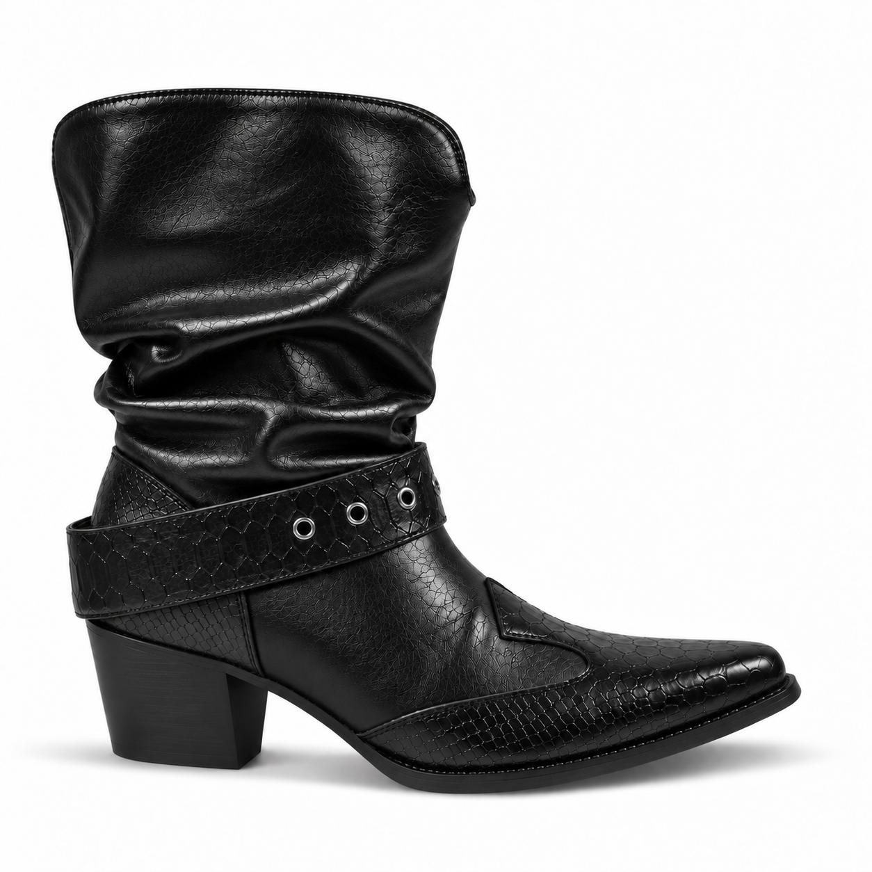 Slouchy Snake Studded Strap Cowboy Ankle Boots