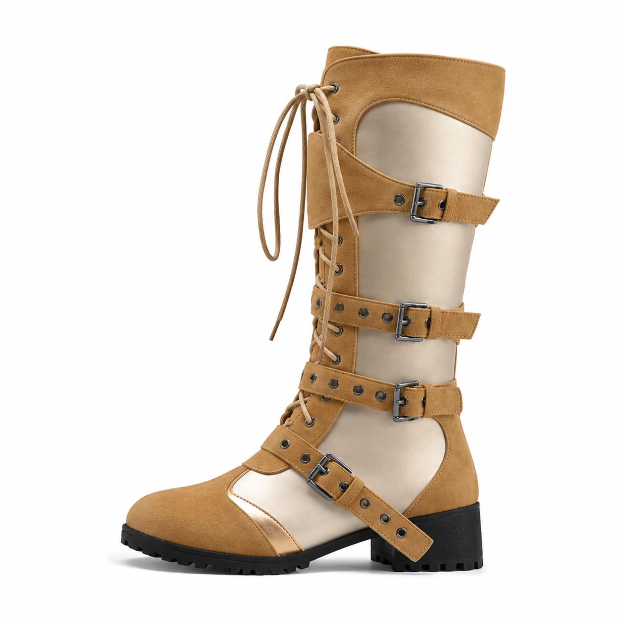 Multi Buckle Lace-up Patchwork Knee High Boots
