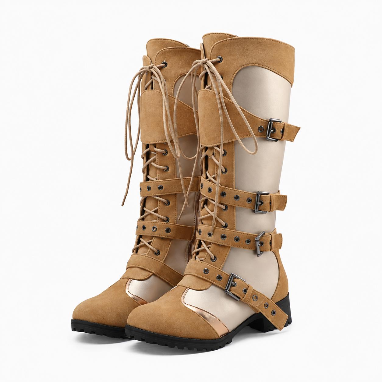 Multi Buckle Lace-up Patchwork Knee High Boots