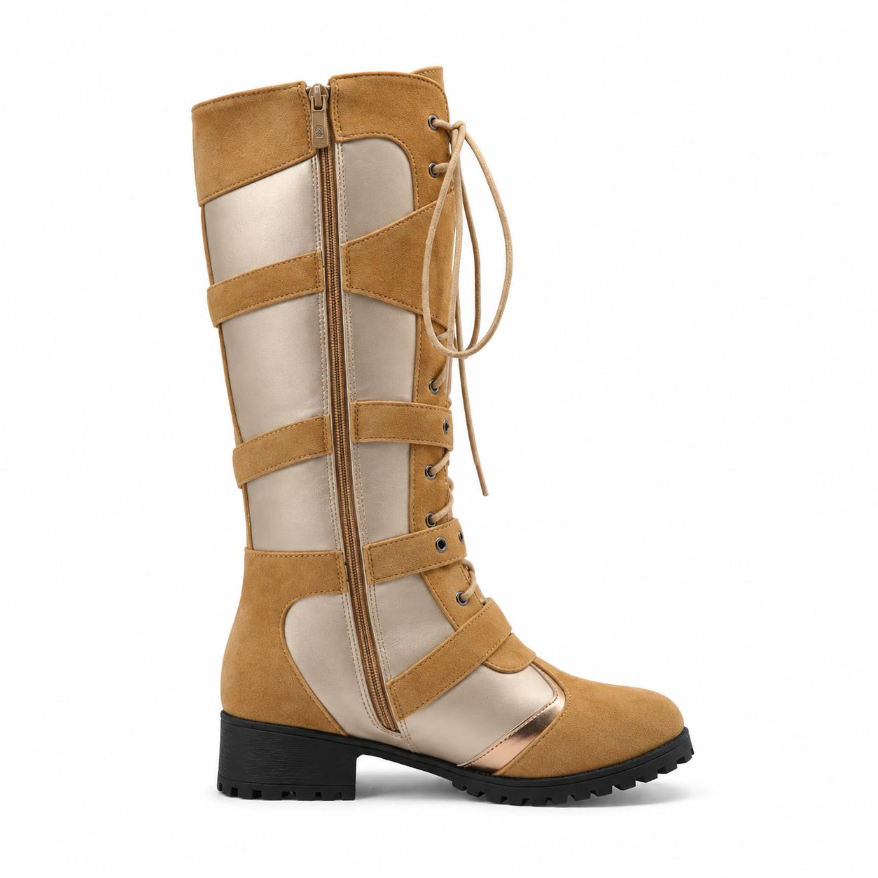 Multi Buckle Lace-up Patchwork Knee High Boots