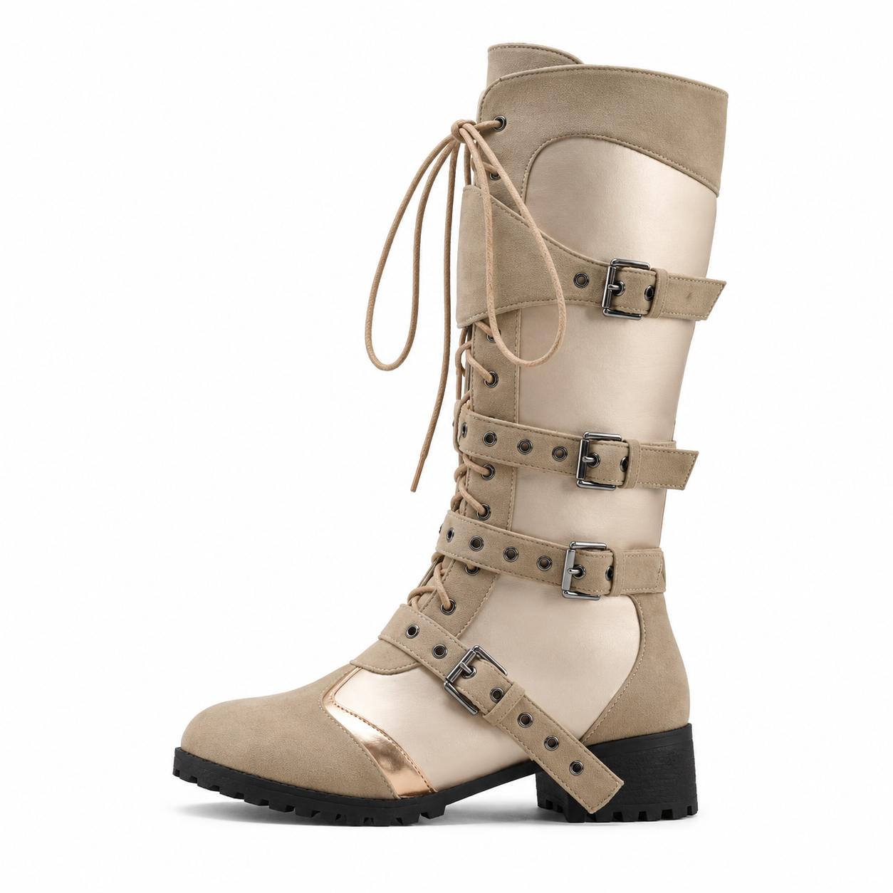 Multi Buckle Lace-up Patchwork Knee High Boots