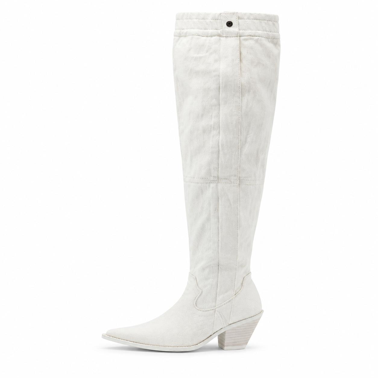 Print Denim Zipper Fold Over Thigh High Western Boots