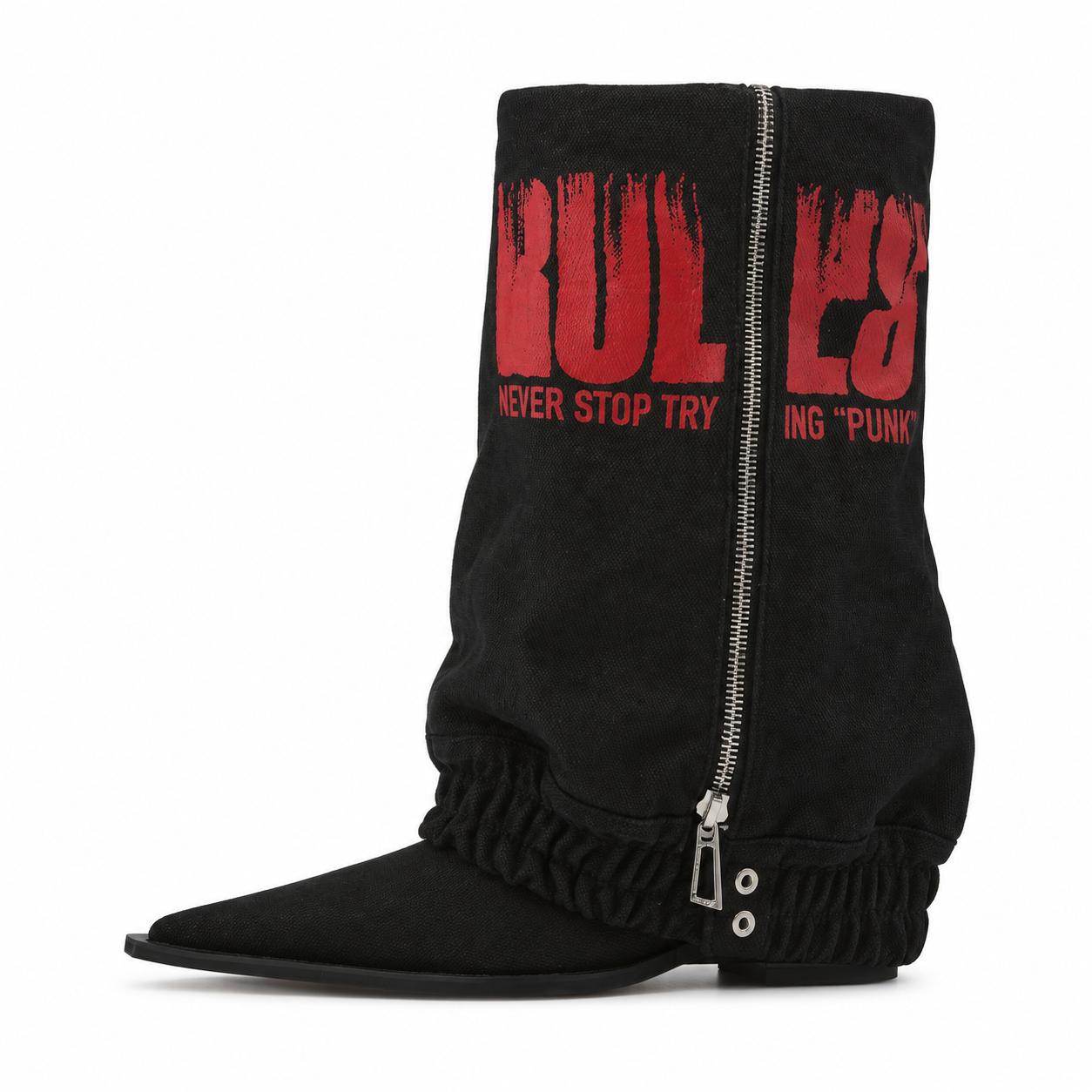 Print Denim Zipper Fold Over Thigh High Western Boots