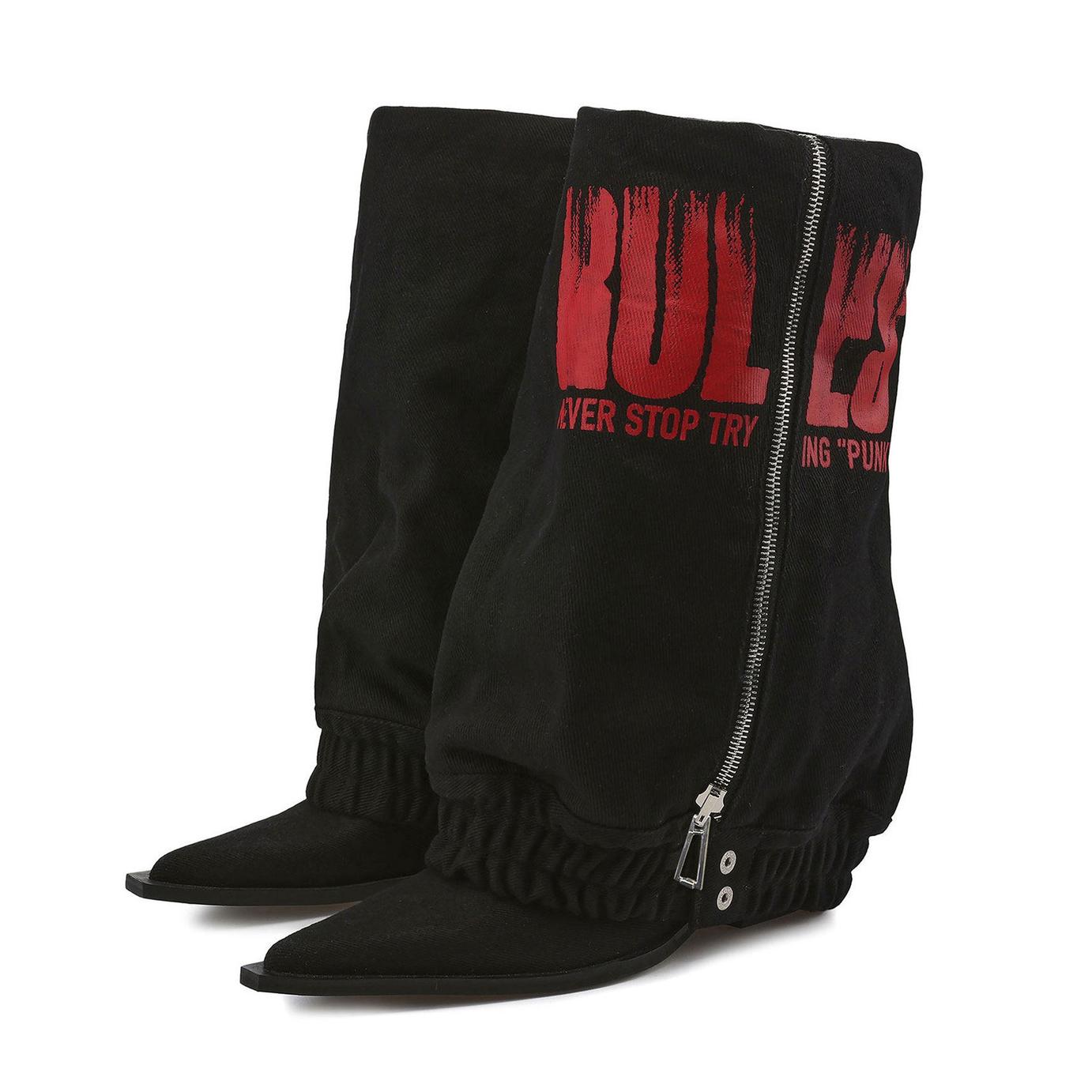 Print Denim Zipper Fold Over Thigh High Western Boots