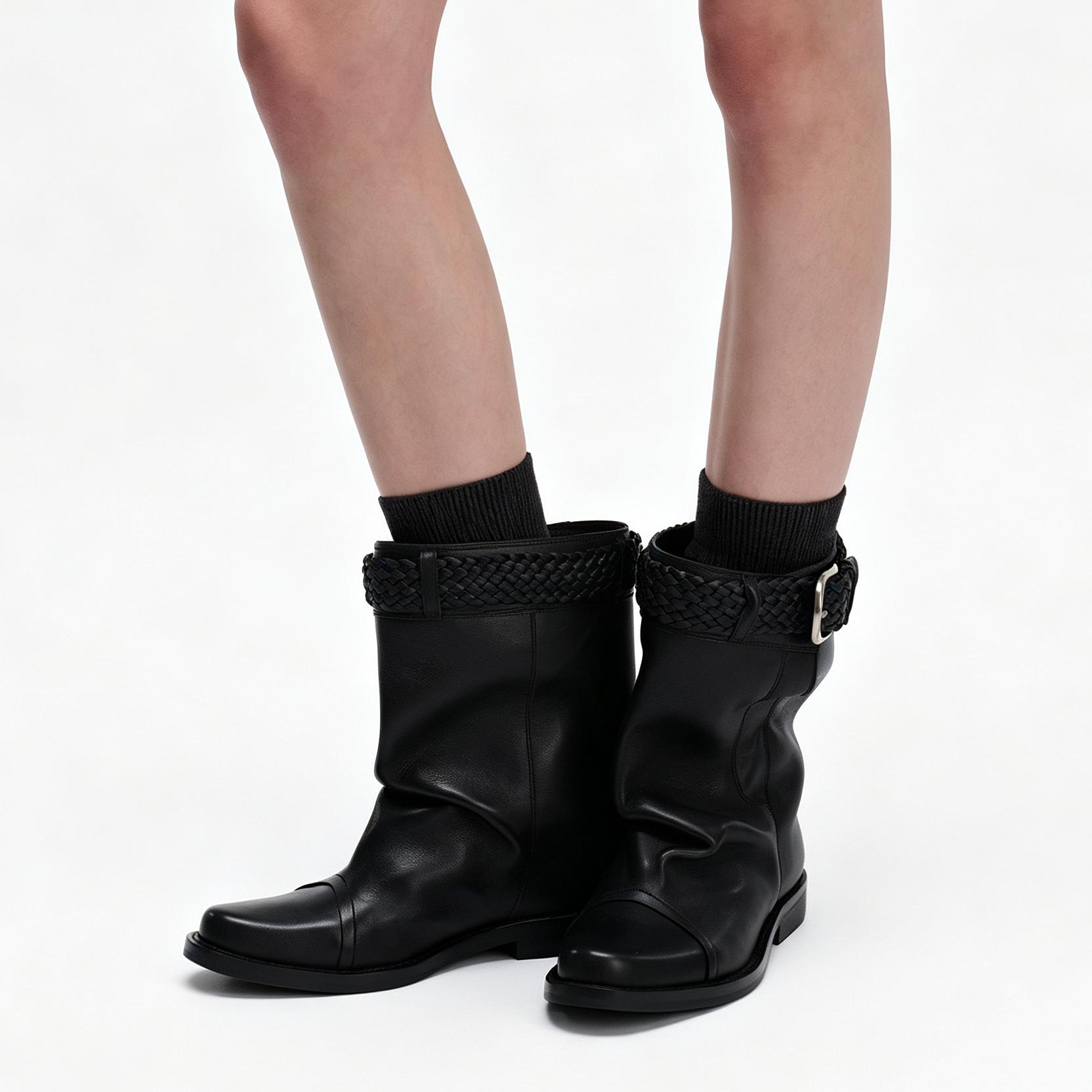 Square Toe Braided Buckle Strap Ankle Boots