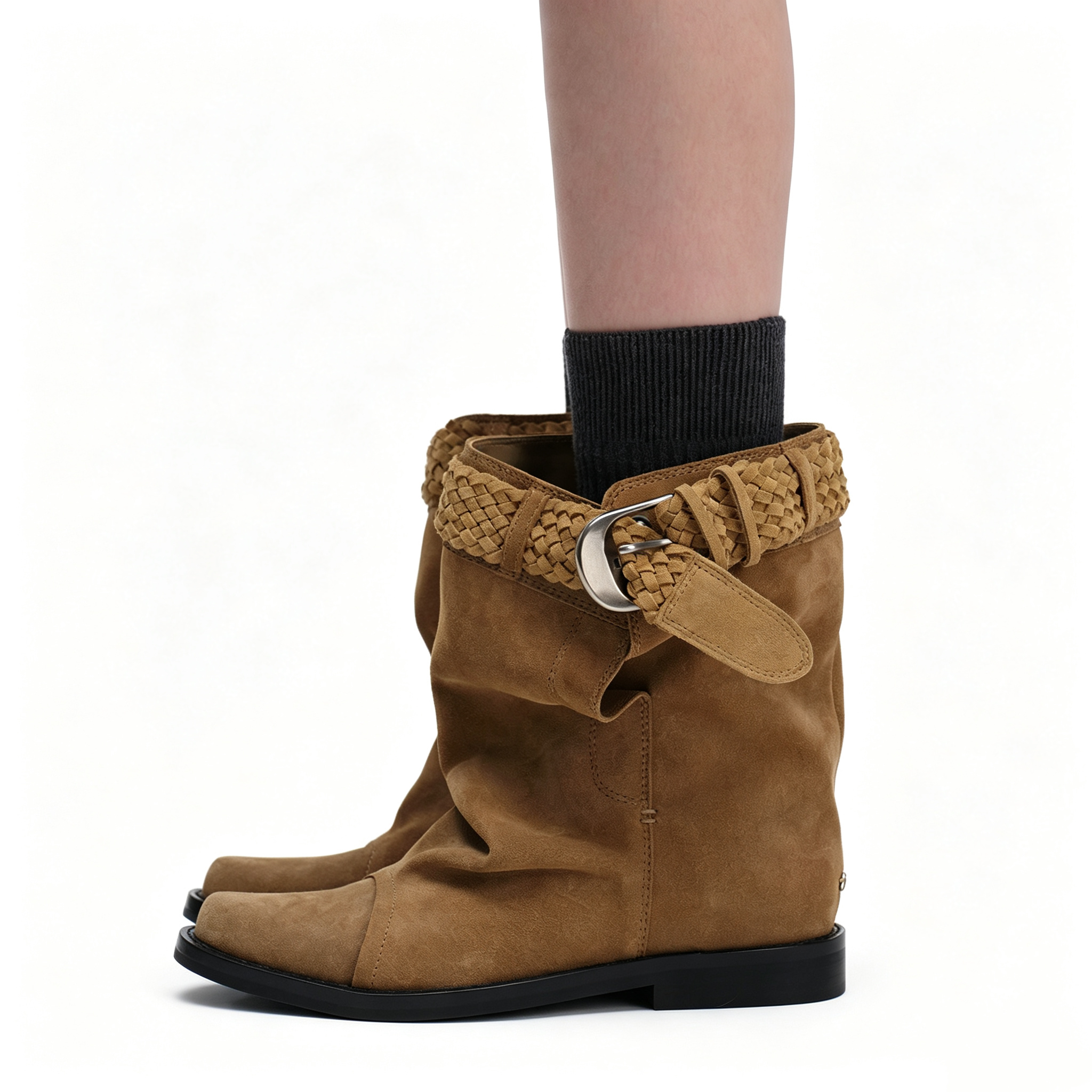 Square Toe Braided Buckle Strap Ankle Boots
