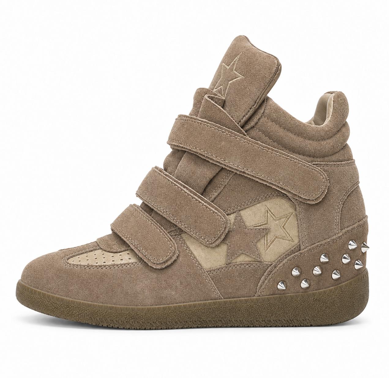 Suede Studded Velcro Hidden Wedge High Top Sneakers