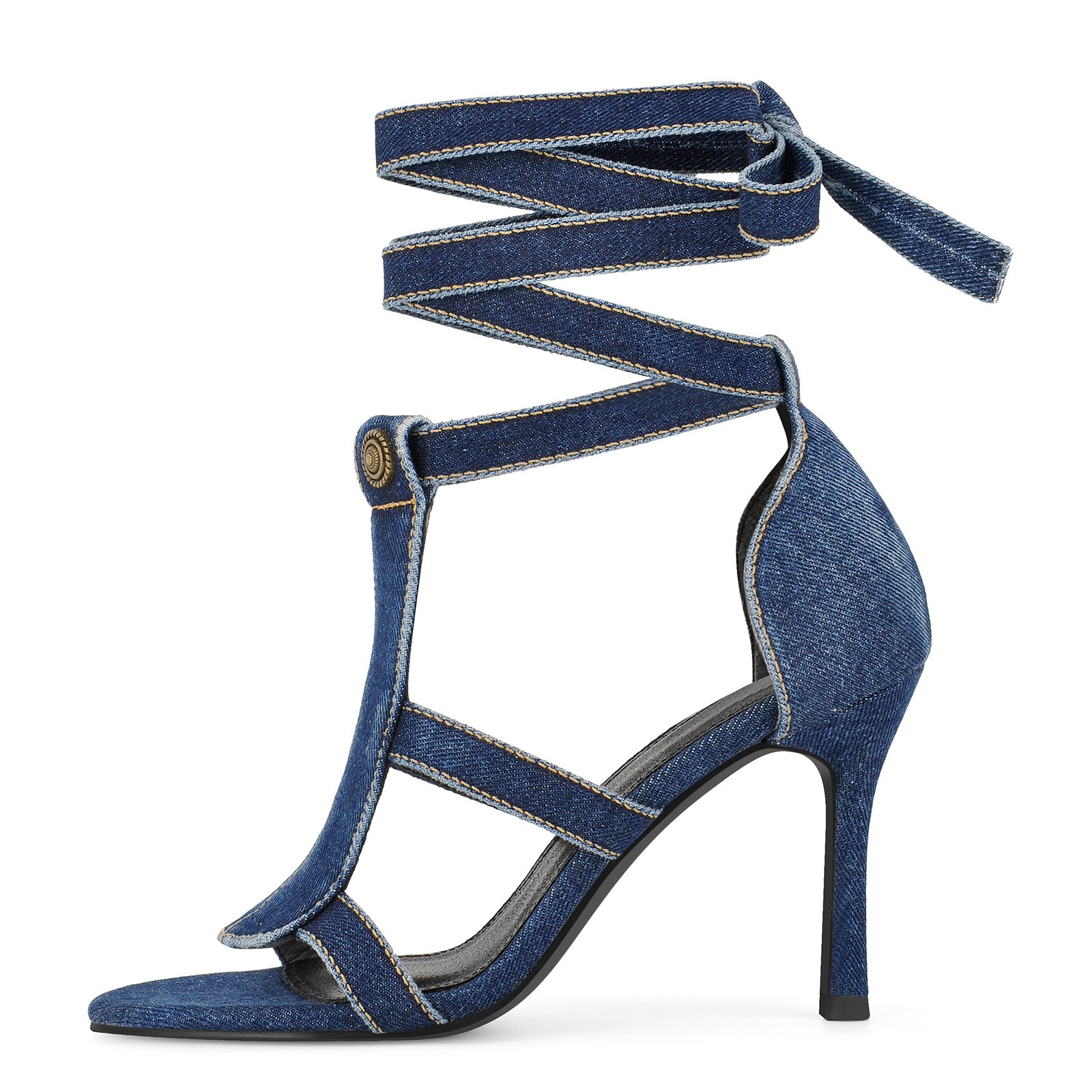 Round Toe Denim Wrap Lace-up Sandals