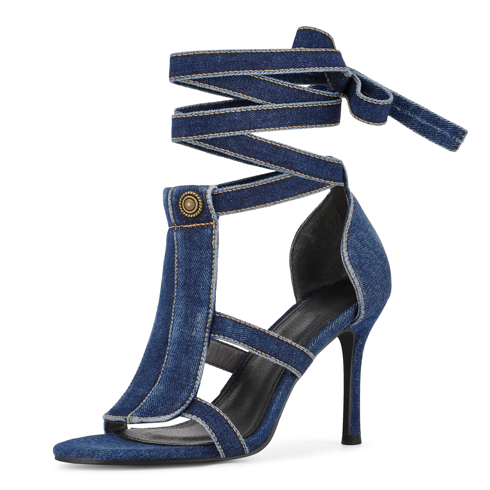 Round Toe Denim Wrap Lace-up Sandals