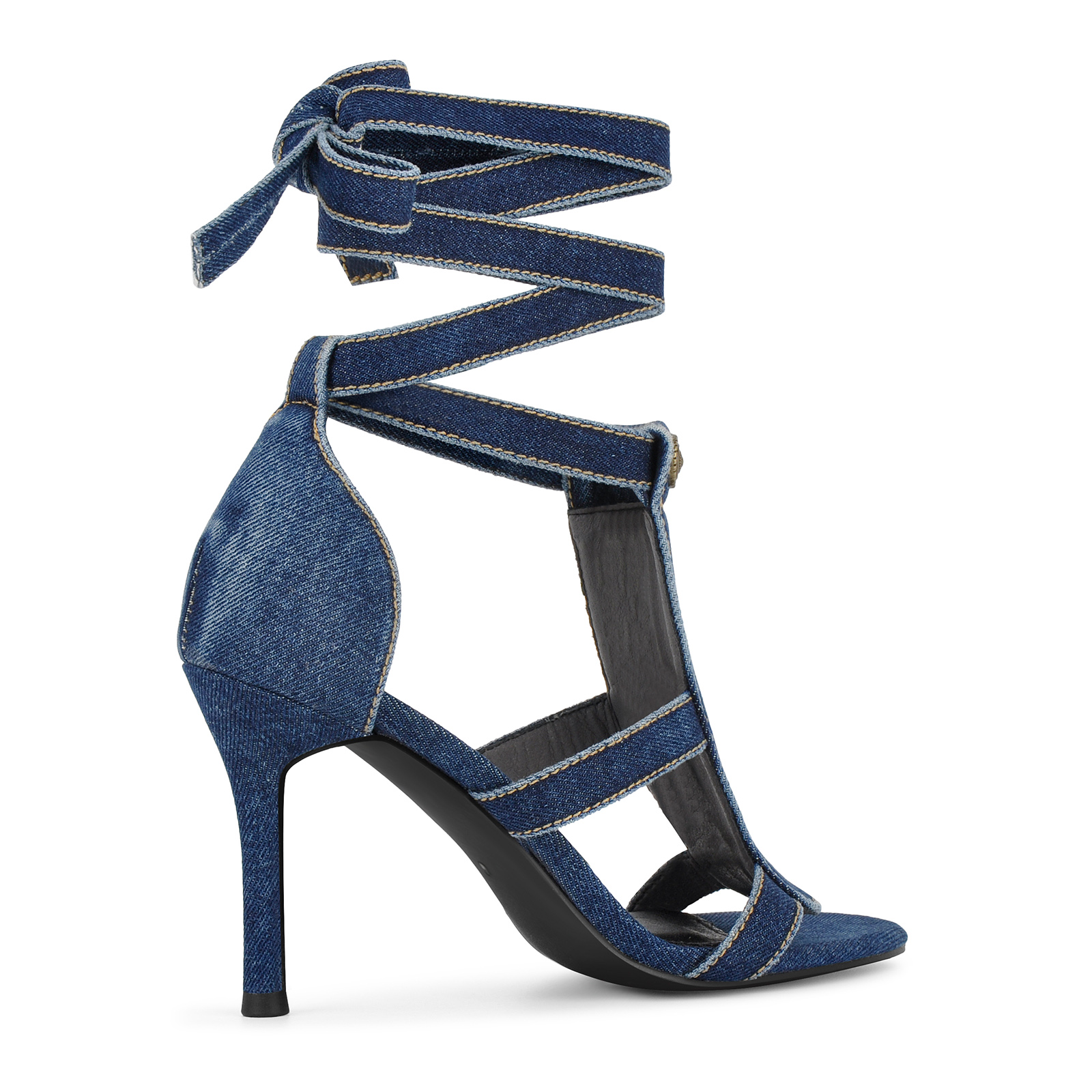 Round Toe Denim Wrap Lace-up Sandals