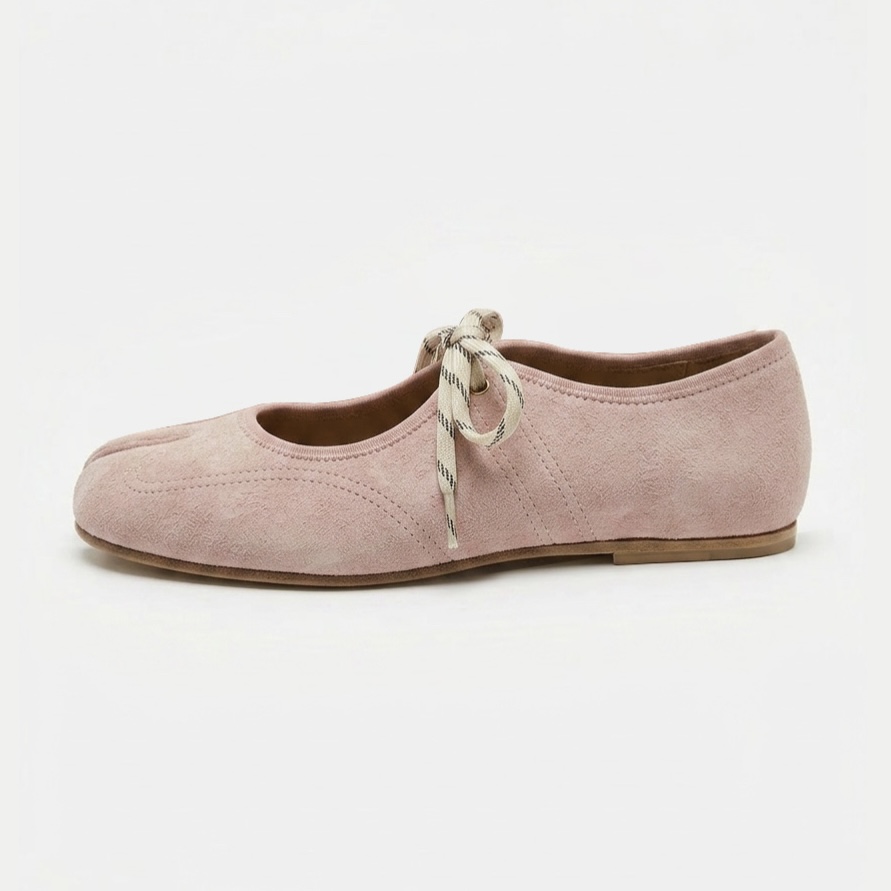 Suede Round Toe Lace-up Tabi Flats