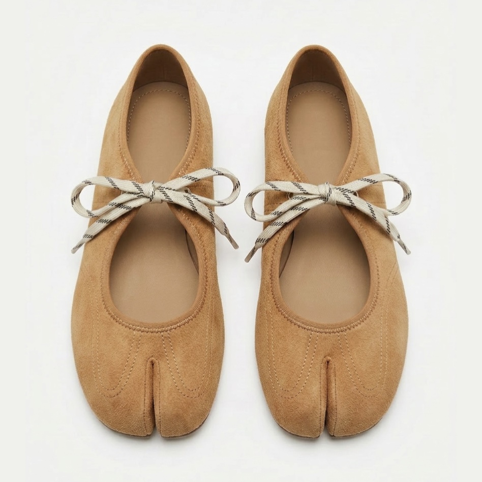 Suede Round Toe Lace-up Tabi Flats