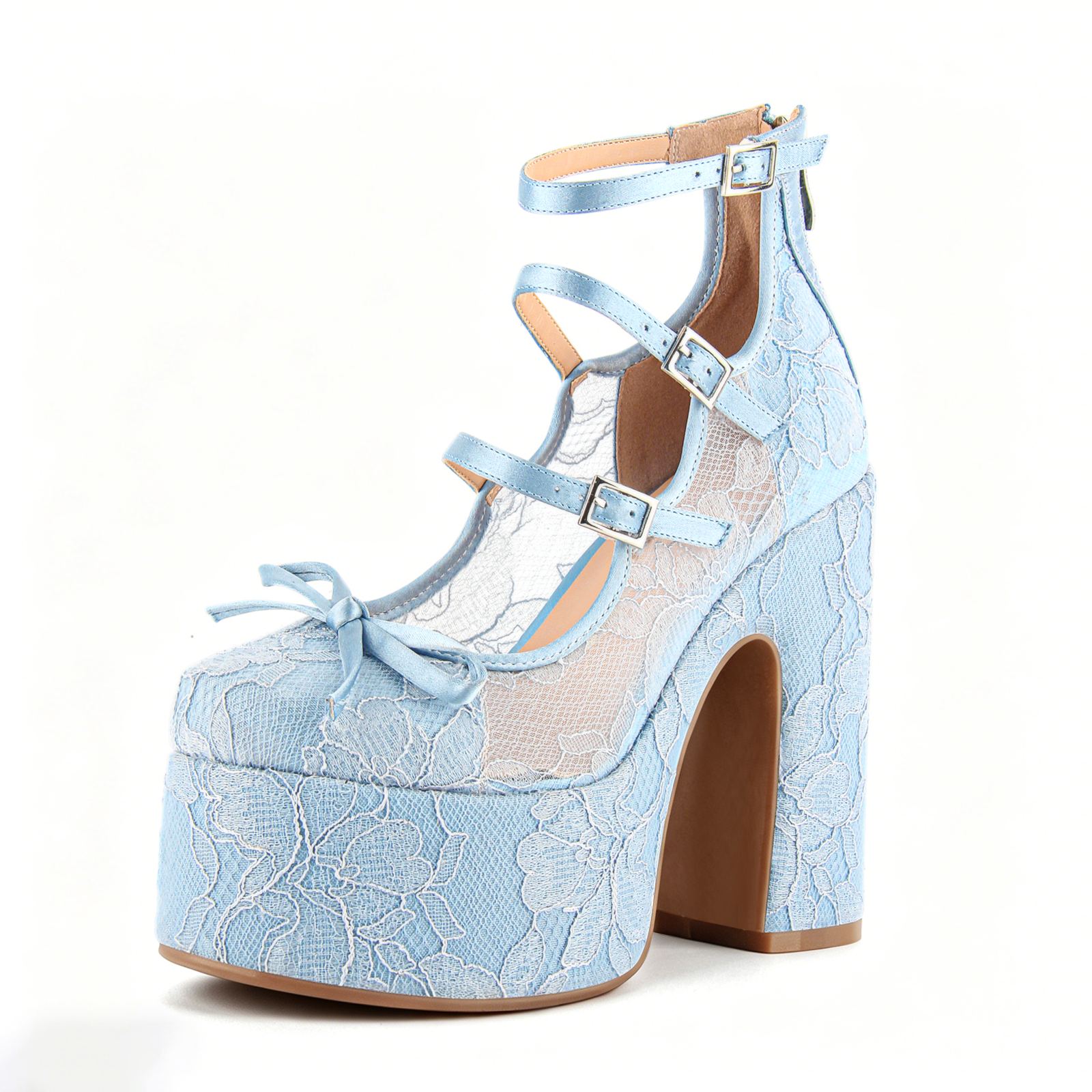 Denim Bow Platform Buckle Straps Pumps