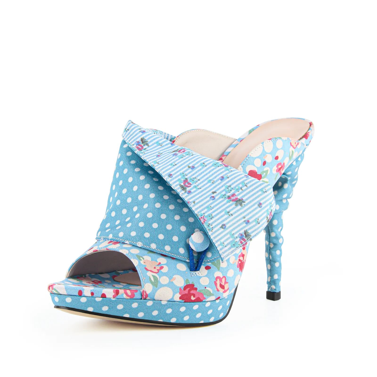 Blue Platform Floral Polka Dot Mules