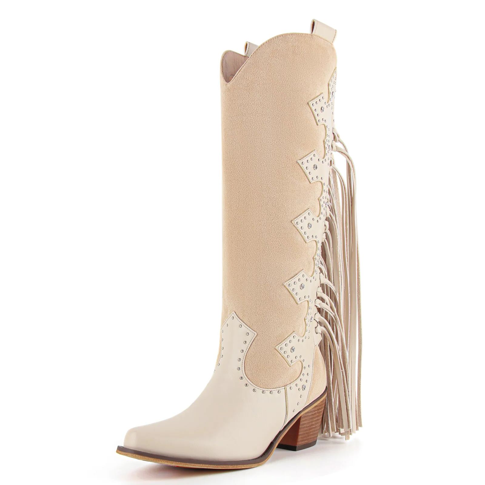 Studded Fringe Knee High Western Boots