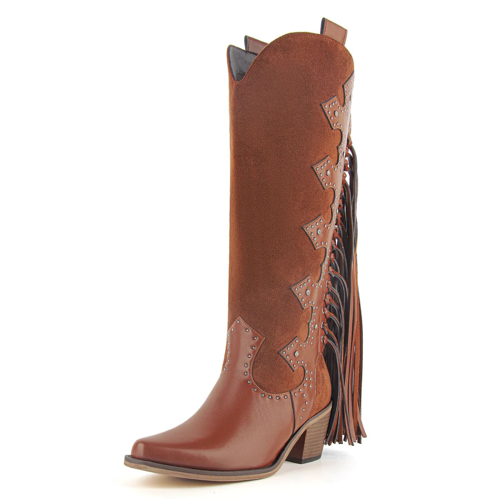 Studded Fringe Knee High Western Boots