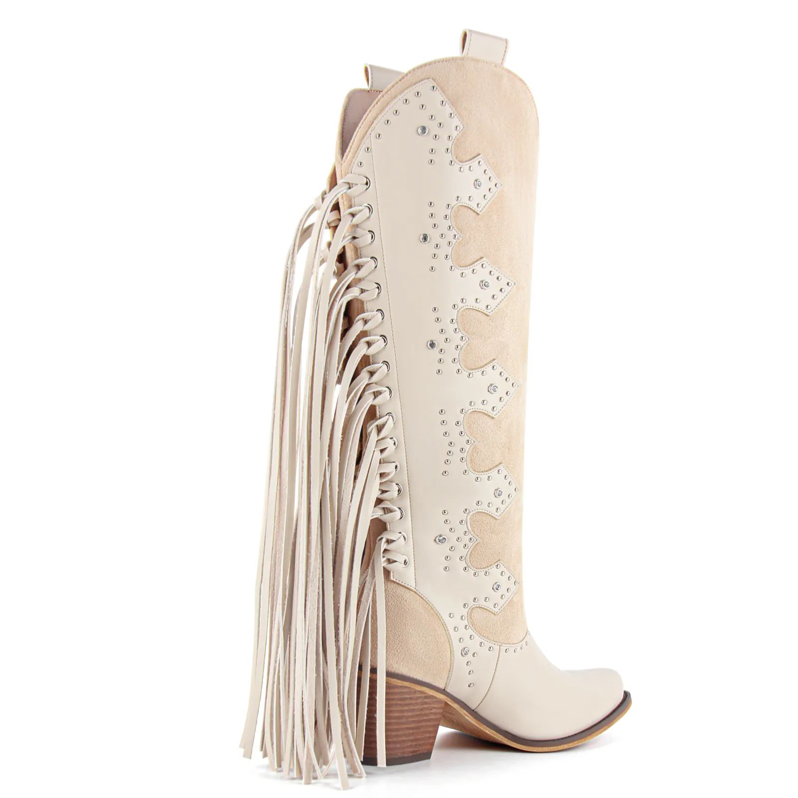 Studded Fringe Knee High Western Boots