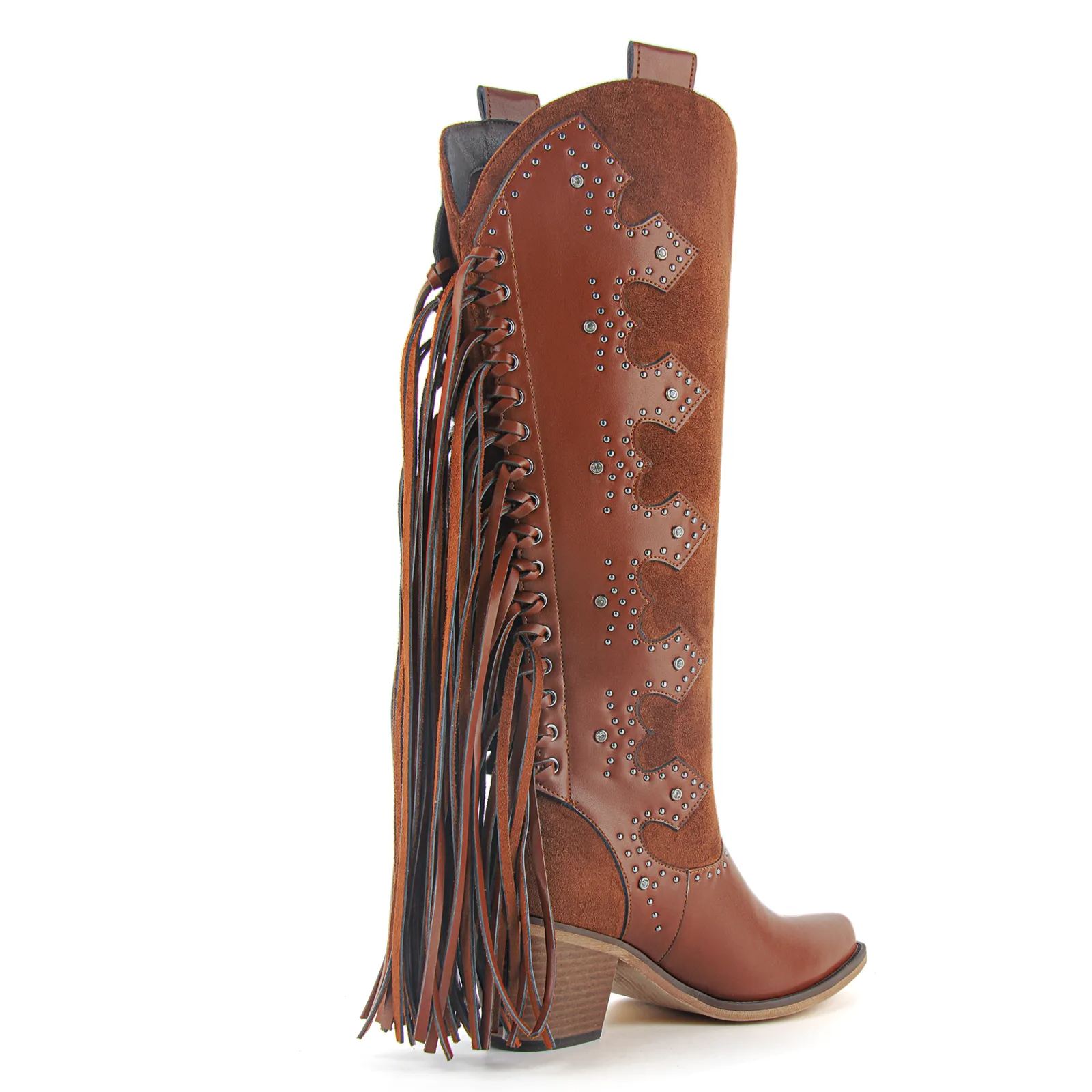 Studded Fringe Knee High Western Boots