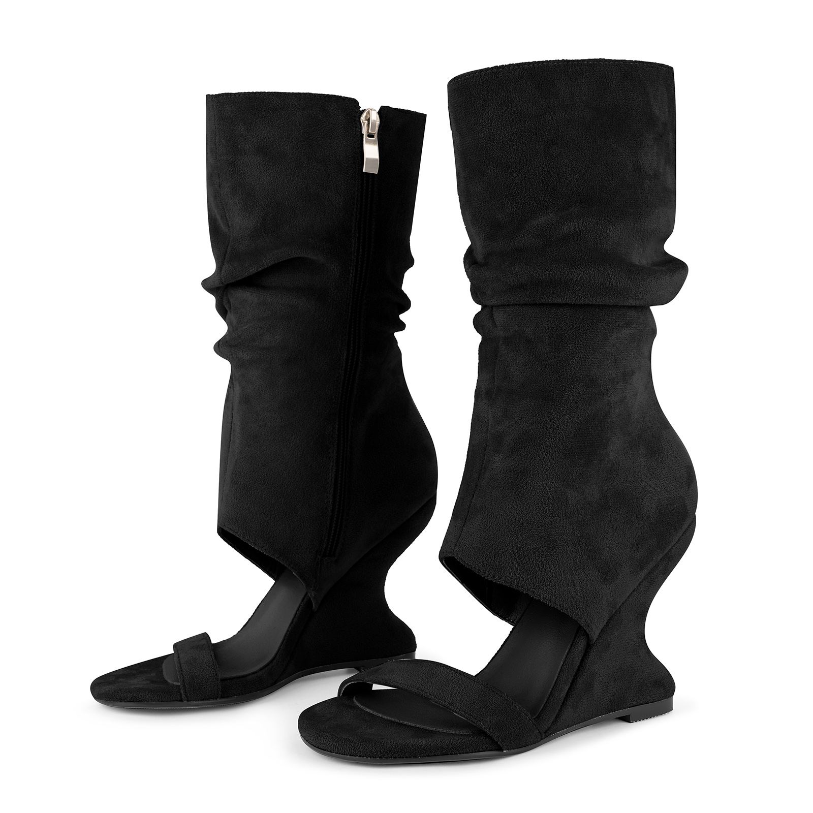 Suede Ruched Mid-Calf Wedge Boots Sandals