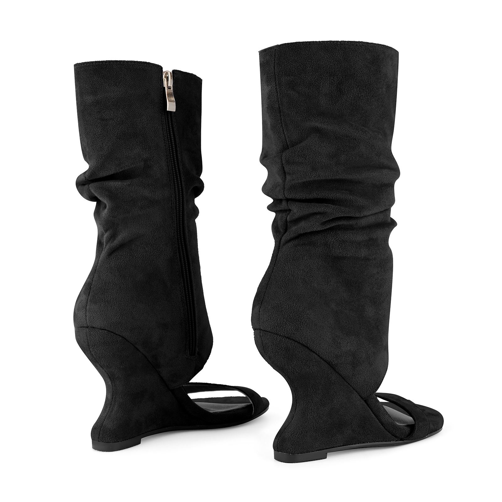 Suede Ruched Mid-Calf Wedge Boots Sandals