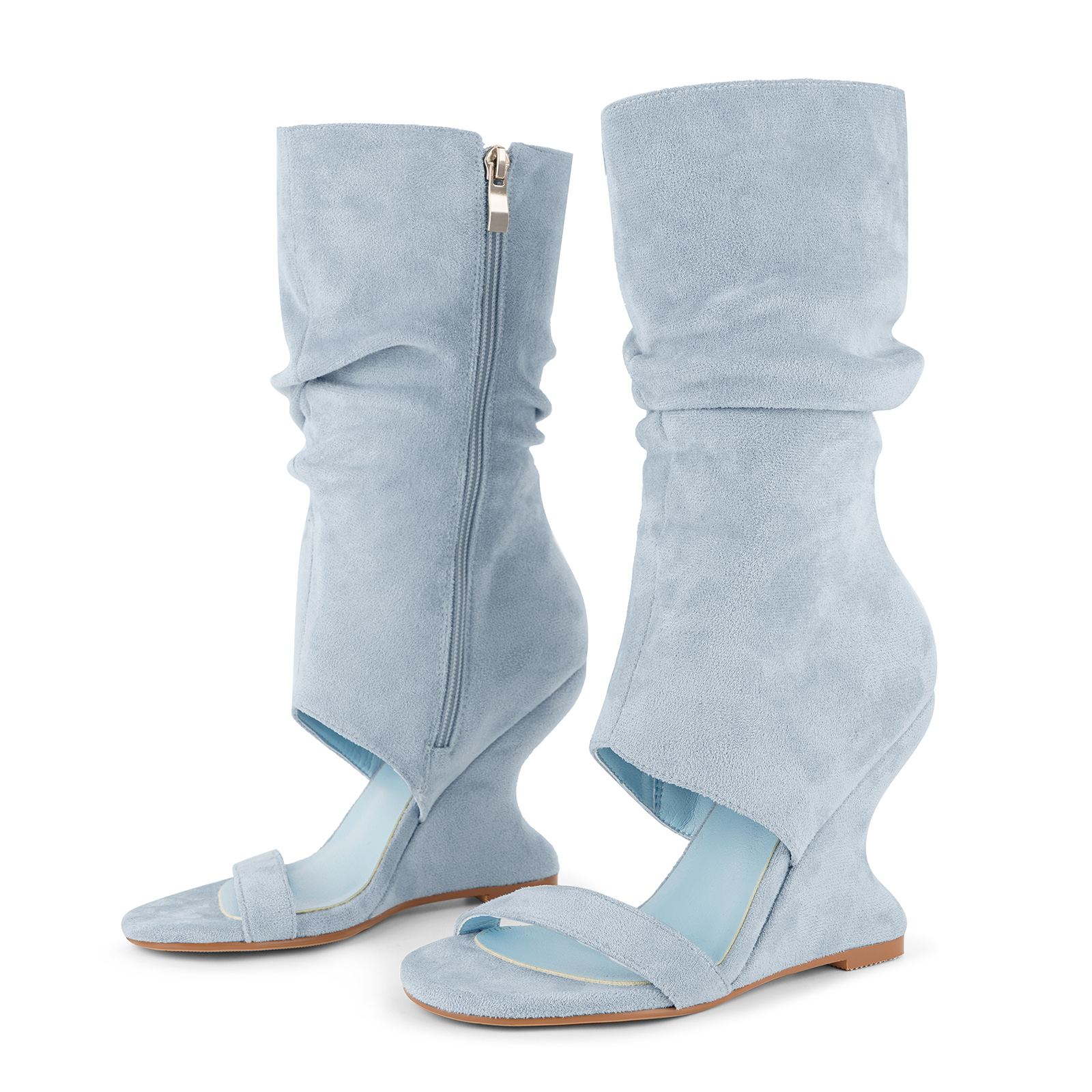 Suede Ruched Mid-Calf Wedge Boots Sandals