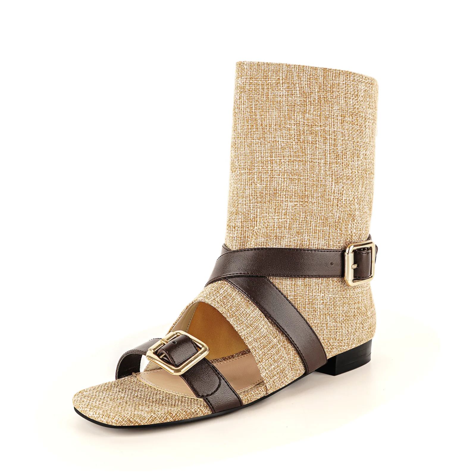Square Toe Buckle Cutout Ankle Sandal Boots