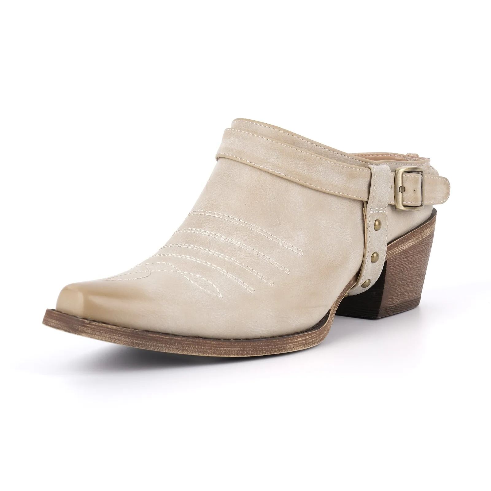Studded Buckle Strap Western Mules