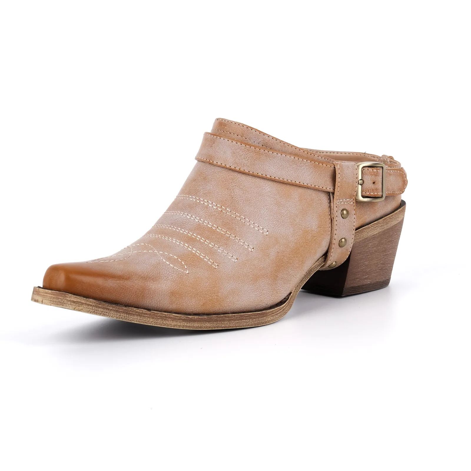 Studded Buckle Strap Western Mules