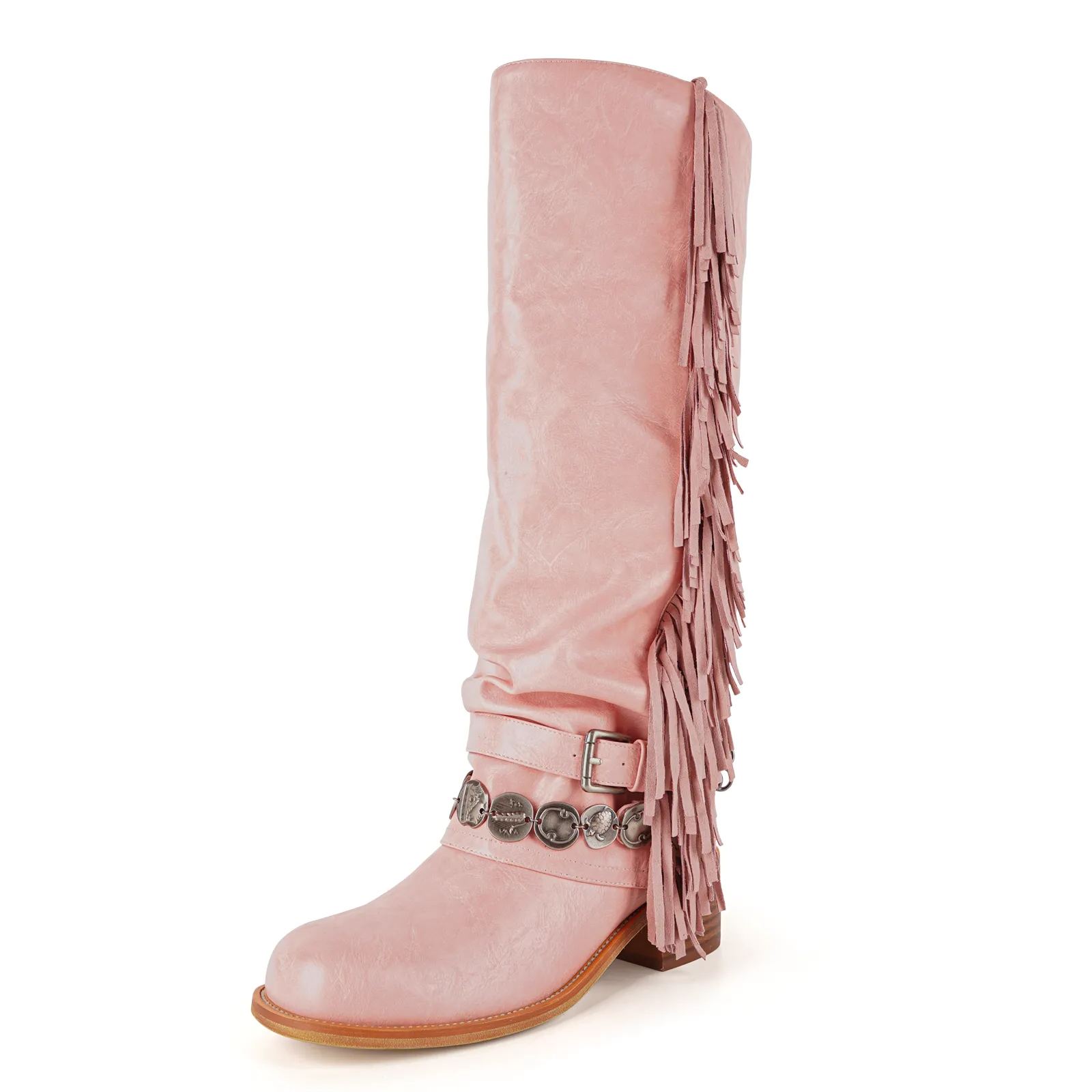 Fringe Buckle Metal Embellished Knee High Western Boots