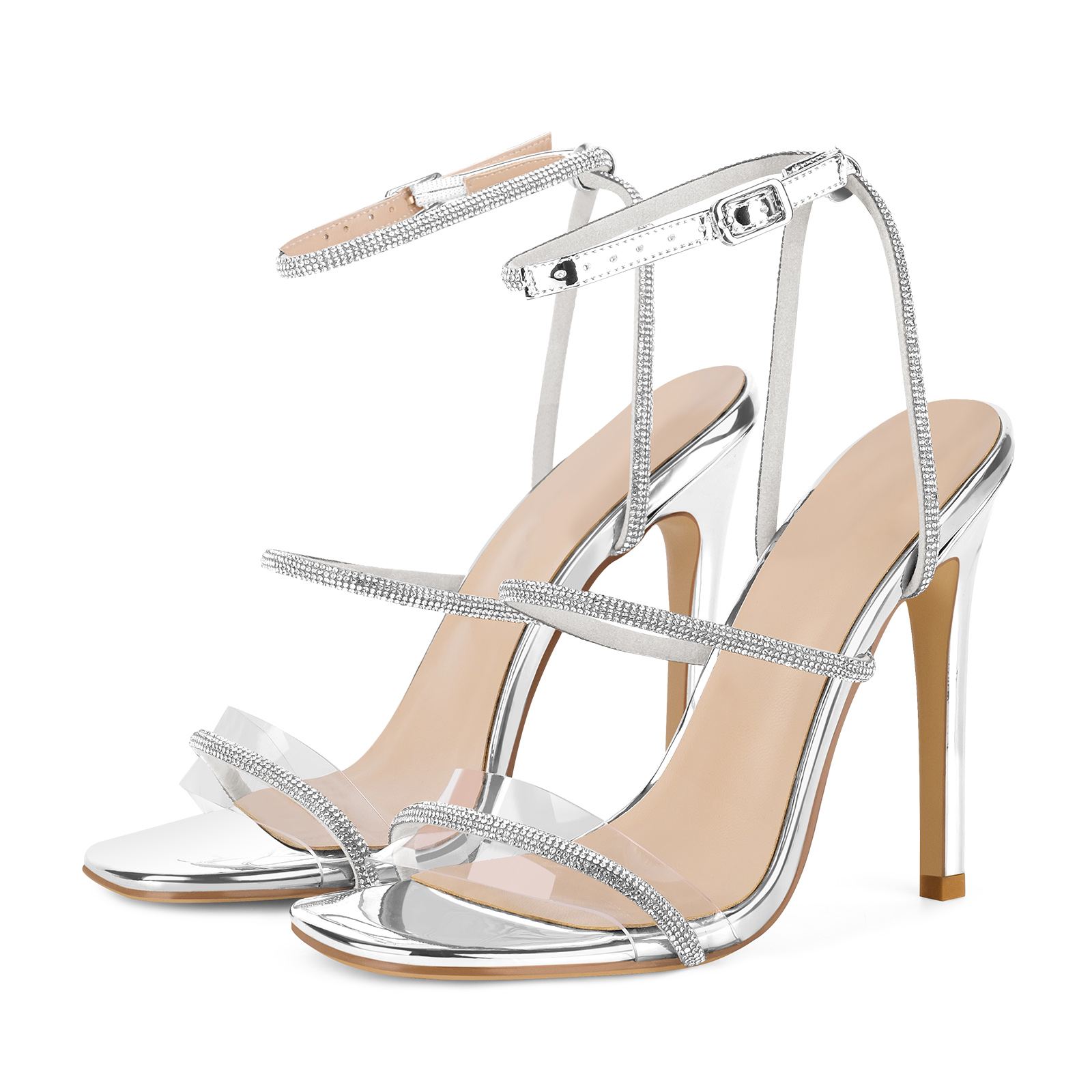 Round Toe Rhinestone Clear Ankle Strap Sandals