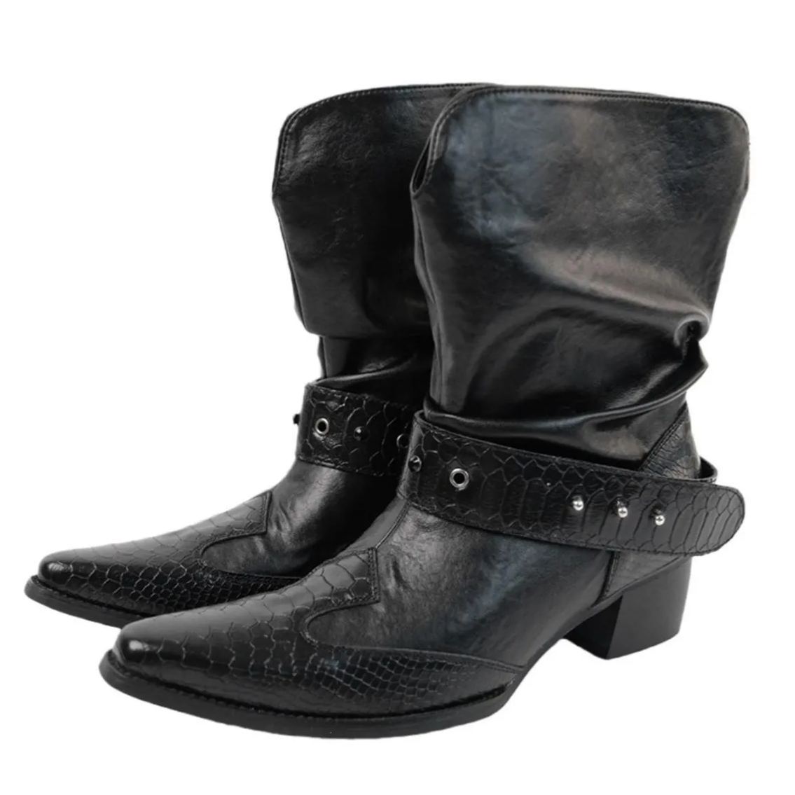 Slouchy Snake Studded Strap Cowboy Ankle Boots
