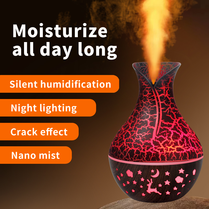 Model QH216 Vase Humidifier Manufacturer, 150ml USB Mini Humidifier with 7-Color LED Light, Wood Grain Design