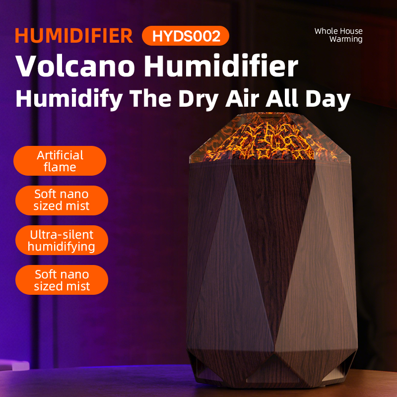 Model HYDS002 Volcano Humidifier Manufacturer, 1L Wood Grain Ultrasonic Humidifier with Flame Effect Light
