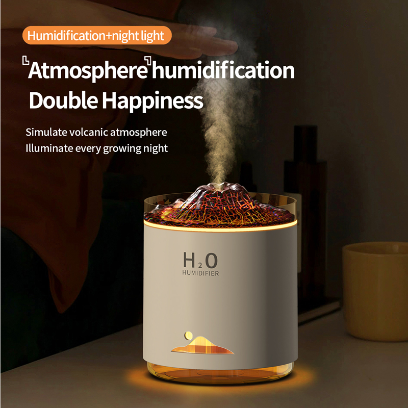 Model 127B Volcano Humidifier Manufacturer, 350ml Desktop Humidifier with Volcano Flame Light & Dry Burn Protection
