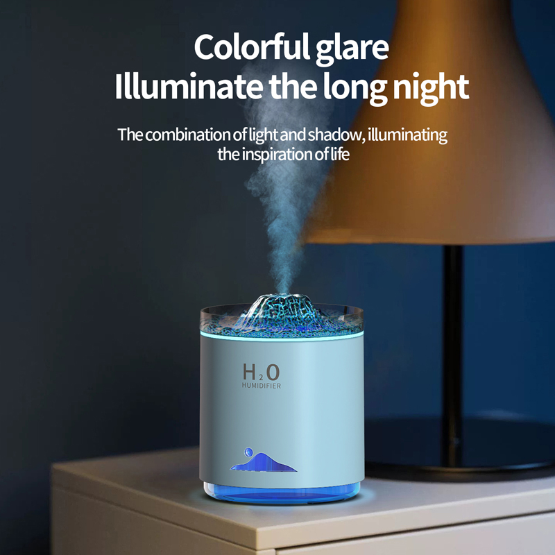 Model 127B Volcano Humidifier Manufacturer, 350ml Desktop Humidifier with Volcano Flame Light & Dry Burn Protection