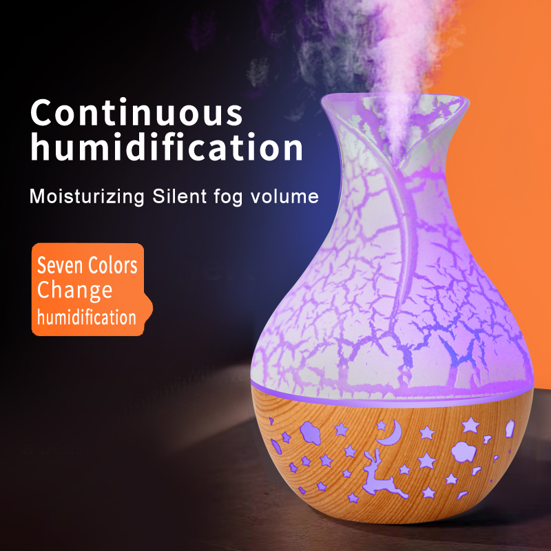 Model QH216 Vase Humidifier Manufacturer, 150ml USB Mini Humidifier with 7-Color LED Light, Wood Grain Design