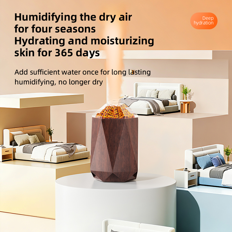 Model HYDS002 Volcano Humidifier Manufacturer, 1L Wood Grain Ultrasonic Humidifier with Flame Effect Light