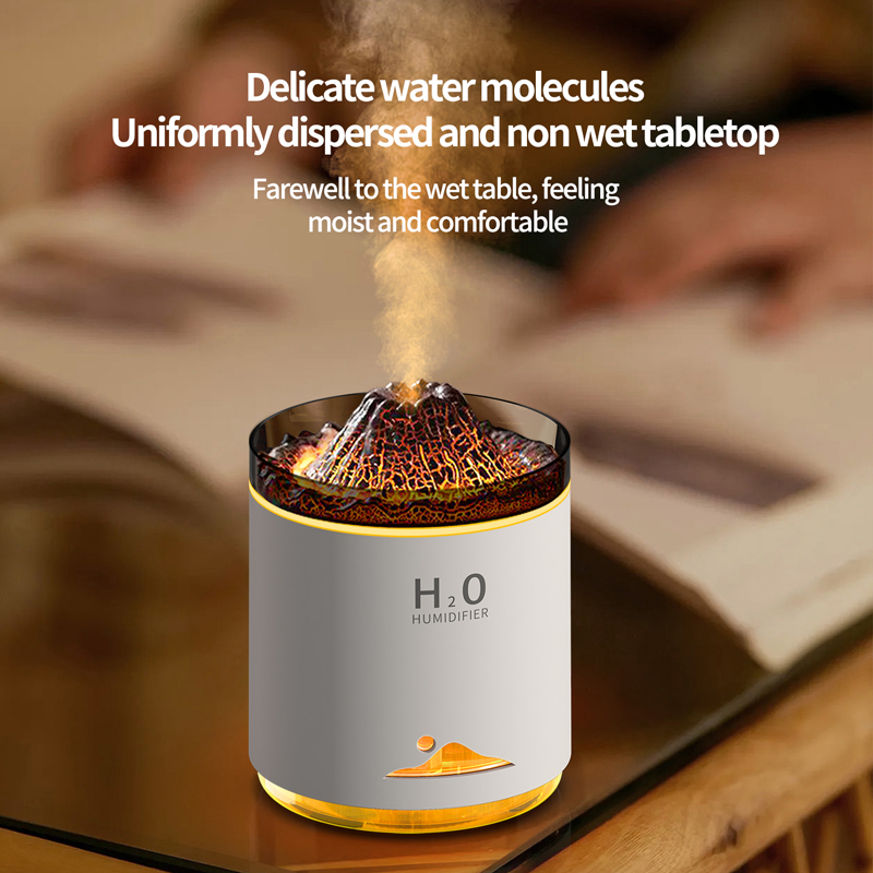 Model 127B Volcano Humidifier Manufacturer, 350ml Desktop Humidifier with Volcano Flame Light & Dry Burn Protection