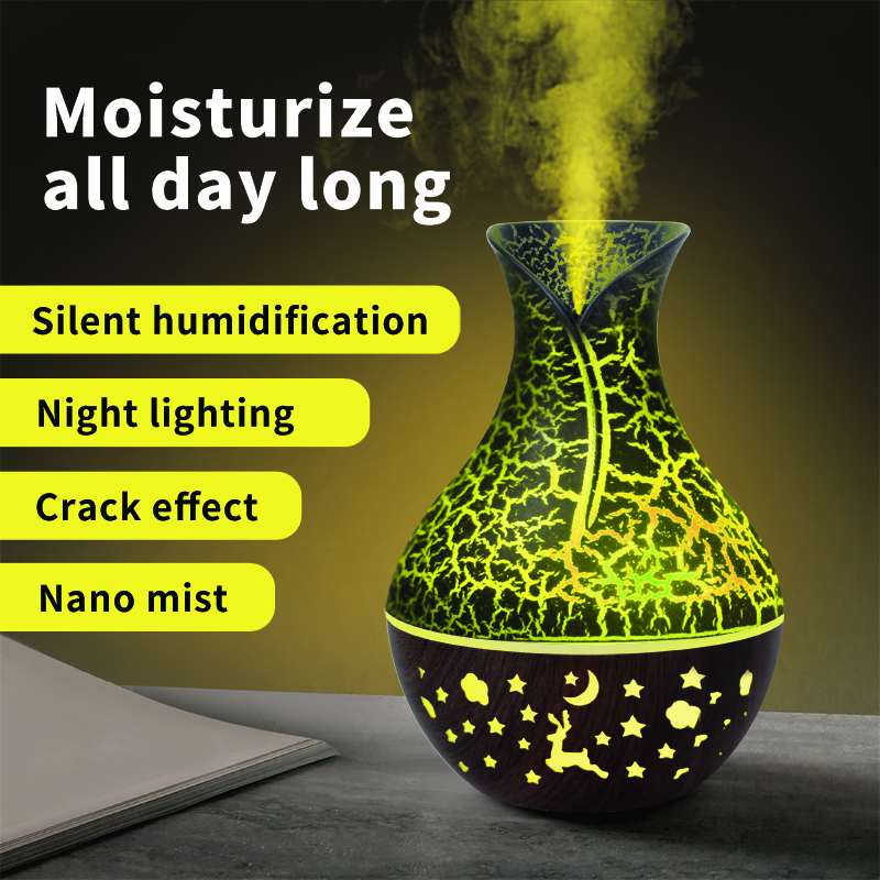 Model QH216 Vase Humidifier Manufacturer, 150ml USB Mini Humidifier with 7-Color LED Light, Wood Grain Design