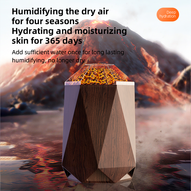 Model HYDS002 Volcano Humidifier Manufacturer, 1L Wood Grain Ultrasonic Humidifier with Flame Effect Light