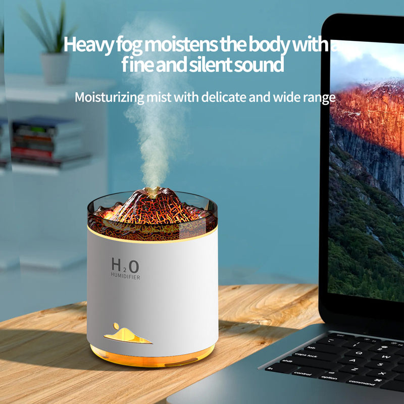 Model 127B Volcano Humidifier Manufacturer, 350ml Desktop Humidifier with Volcano Flame Light & Dry Burn Protection