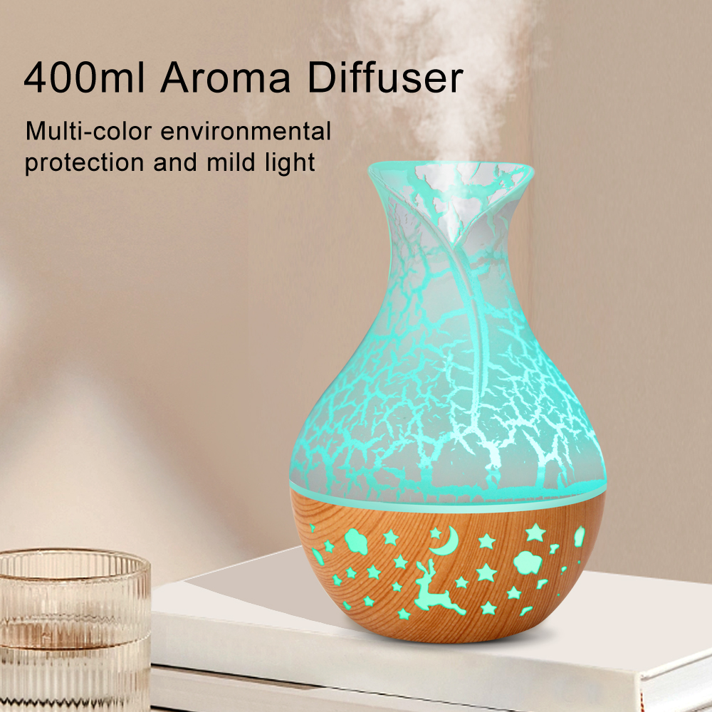 Model QH216 Vase Humidifier Manufacturer, 150ml USB Mini Humidifier with 7-Color LED Light, Wood Grain Design