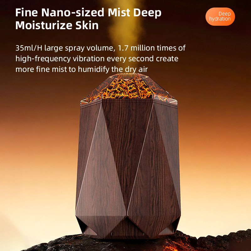Model HYDS002 Volcano Humidifier Manufacturer, 1L Wood Grain Ultrasonic Humidifier with Flame Effect Light