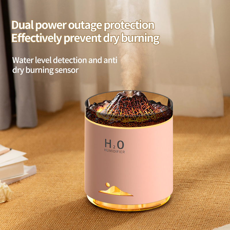 Model 127B Volcano Humidifier Manufacturer, 350ml Desktop Humidifier with Volcano Flame Light & Dry Burn Protection