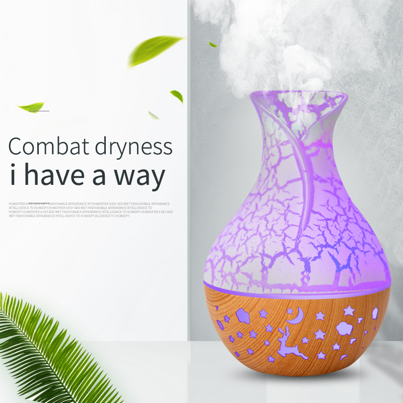 Model QH216 Vase Humidifier Manufacturer, 150ml USB Mini Humidifier with 7-Color LED Light, Wood Grain Design